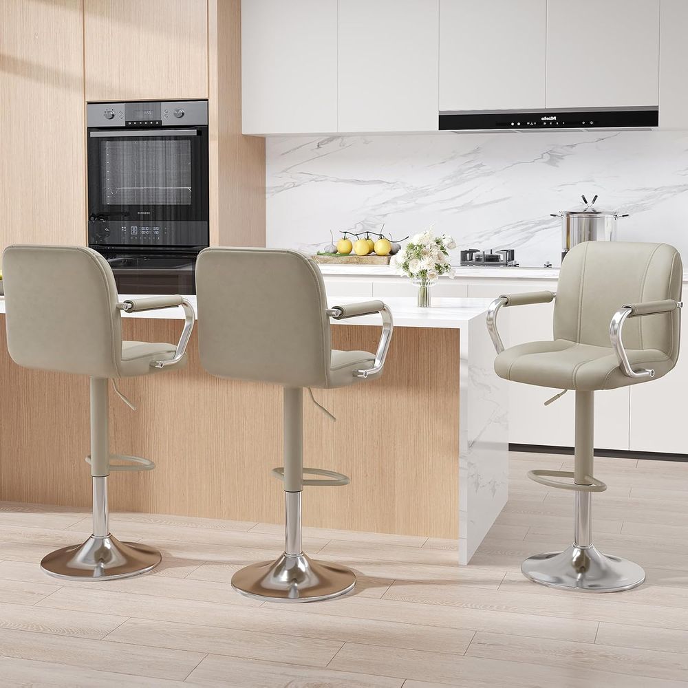 Home Bar Seating - 3 Beige Adjustable Swivel Counter Chairs