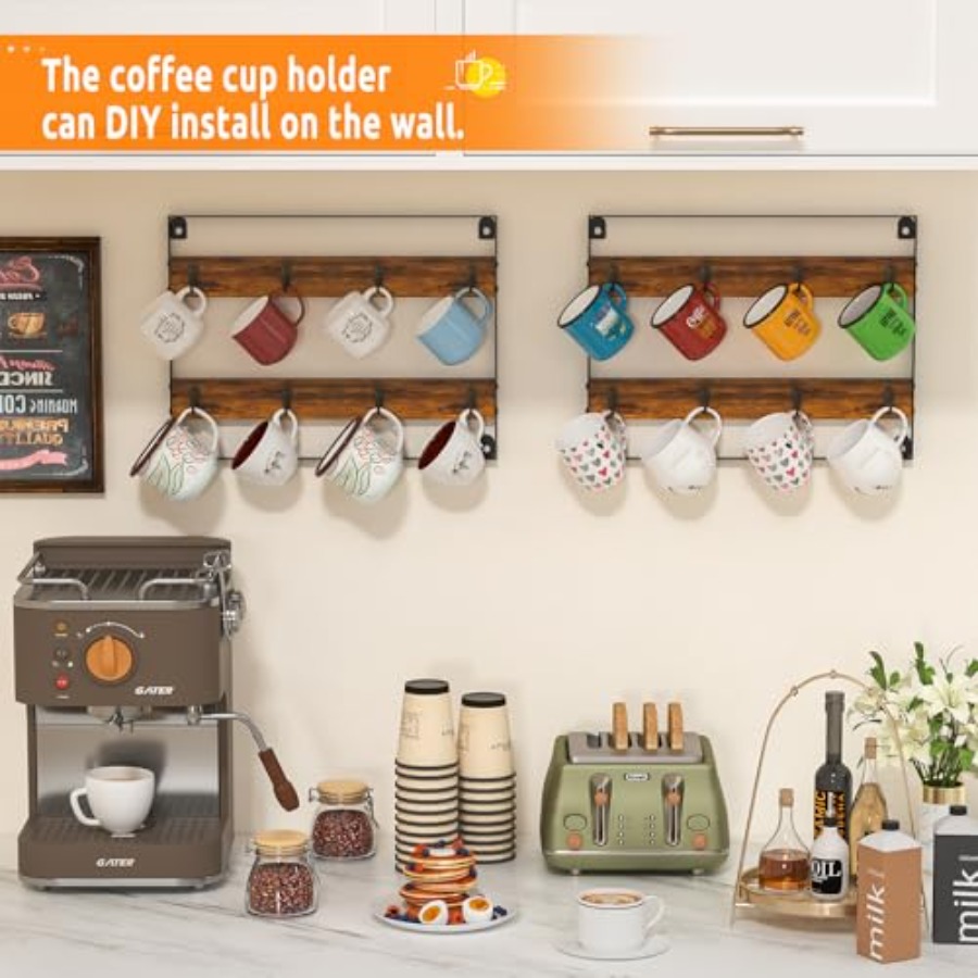 Rustic Wood Coffee Mug Rack -  - Home Bar Shelves reseña y precio